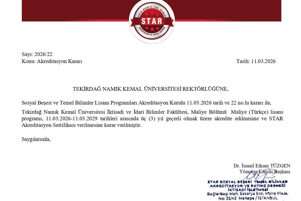 Tekirdağ NKÜ İktisadi ve İdari Bilimler Fakültesi Maliye Bölümü Akreditasyon Almaya Hak Kazandı